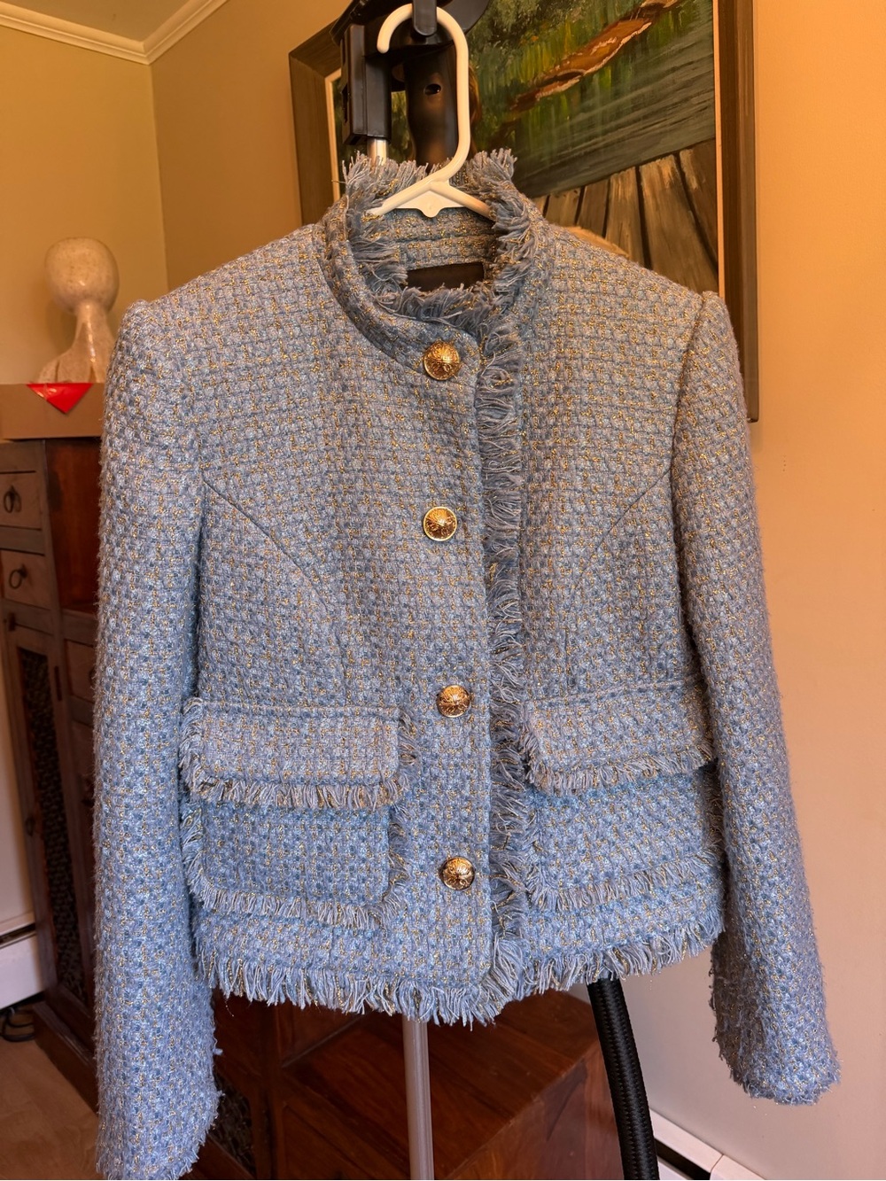 Fringed Bouclé Jacket in Light Blue